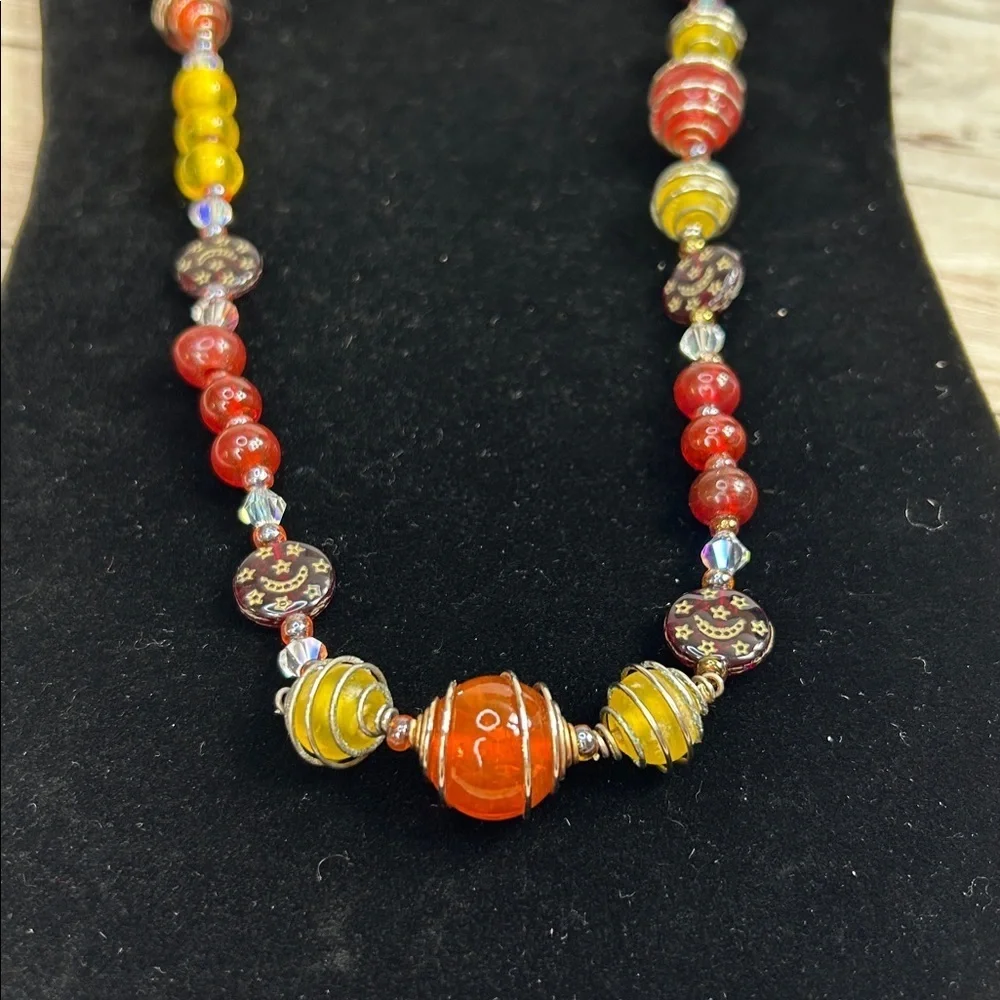 Gorgeous Artisan All Glass Red and Yellow Beaded Necklace